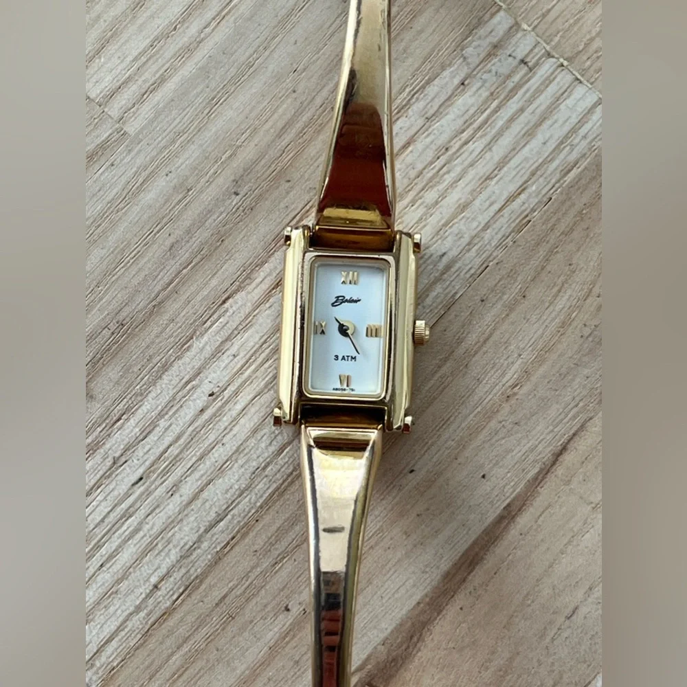 Belair Luxury Ladies Watch White Rectangular Dial Gold-Tone Bangle Bracelet